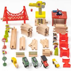 Wooden Train Set Track with Magnetic Trains Bridge Ramp Toy for Kids 5 pcs an