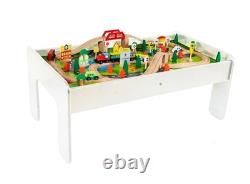 Wooden Train Set with Table 90 Pieces Wooden Kids Activity Toy Table Playset 3+