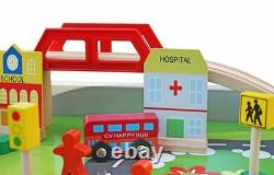 Wooden Train Set with Table 90 Pieces Wooden Kids Activity Toy Table Playset 3+