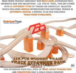 Wooden Train Track Set 110 Pcs, Stackable Track-Risers
