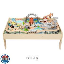 Amazon Basics Ensemble de train en bois de 120 pièces avec table, rails robustes et rangement