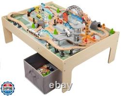 Amazon Basics Ensemble de train en bois de 120 pièces avec table, rails robustes et rangement