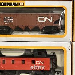 Ensemble de train BACHMANN HO « CN Hustler » complet, vintage, avec transformateur, voies et wagons.