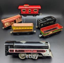 Ensemble de train Vtg. Marx Stream Line #4923 avec locomotive Marlines, rails, boîte d'origine