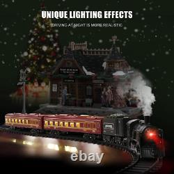 Ensemble de train de Noël en alliage métallique avec locomotive à fumée, sons, lumières et rails.