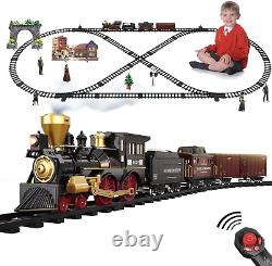 Ensemble de train électrique télécommandé pour enfants sur des rails autour du sapin de Noël