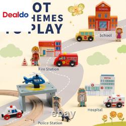 Ensemble de train en bois 121PCS avec sac de rangement - Ensemble de circuit de train en bois de la ville portuaire animée