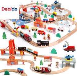 Ensemble de train en bois 121PCS avec sac de rangement - Ensemble de circuit de train en bois de la ville portuaire animée