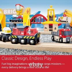 Ensemble de train en bois 54 pièces avec moteur à batterie, 3 grues, pont et camion