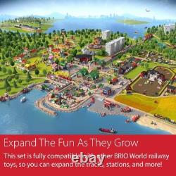 Ensemble de train en bois 54 pièces avec moteur à batterie, 3 grues, pont et camion