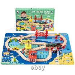 Ensemble de train en bois avec circuit de voie, trains magnétiques, pont et rampe pour enfants, 5 pièces.