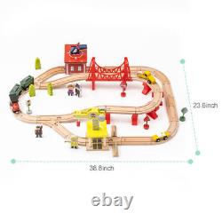 Ensemble de train en bois avec circuit de voie, trains magnétiques, pont et rampe pour enfants, 5 pièces.
