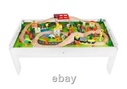 Ensemble de train en bois avec table 90 pièces Jouet d'activité en bois pour enfants Table de jeu 3+
