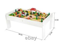 Ensemble de train en bois avec table 90 pièces Jouet d'activité en bois pour enfants Table de jeu 3+
