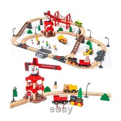 Ensemble de train en bois de 86 pièces avec grue, ensemble de rails de train en bois, kits ferroviaires adaptés à T