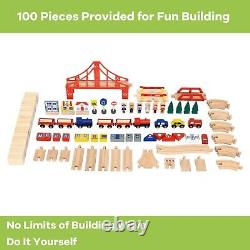 Ensemble de train en bois pour enfants avec table, circuit de voie ferrée et tiroir de rangement de 100 pièces.