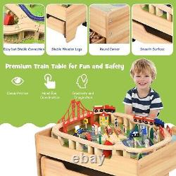 Ensemble de train en bois pour enfants avec table, circuit de voie ferrée et tiroir de rangement de 100 pièces.