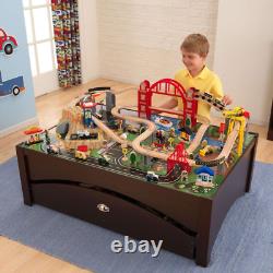 Ensemble de train en bois pour enfants avec table d'activités, accessoires et tiroir de rangement