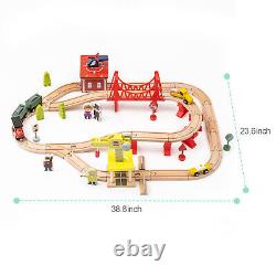 Ensemble de voies de train en bois avec trains magnétiques, pont et rampe pour enfants, 5 pièces