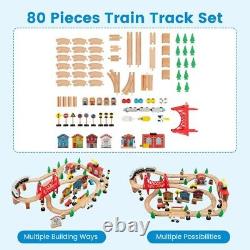 Ensemble de voies de train en bois pour enfants avec table 80 pièces 2-en-1 réversible sur table