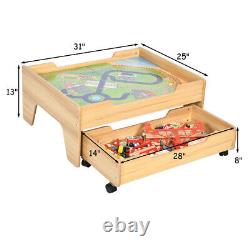 Table de jeu en bois Gymax avec circuit de train pour enfants et tiroir de rangement de 100 pièces.