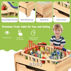 Table de jeu en bois Gymax avec circuit de train pour enfants et tiroir de rangement de 100 pièces.