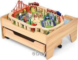Table de train en bois 3-en-1 avec ensemble de rails de 84 pièces, tiroir de rangement