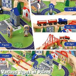 Table de train en bois 3-en-1 avec ensemble de rails de 84 pièces, tiroir de rangement
