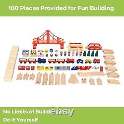 Table de train en bois 3-en-1 avec ensemble de rails de 84 pièces, tiroir de rangement