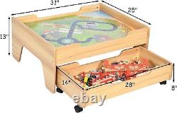 Table de train en bois 3-en-1 avec ensemble de rails de 84 pièces, tiroir de rangement