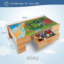 Table en bois 3-en-1 avec ensemble de rails de 84 pièces, tiroir de rangement