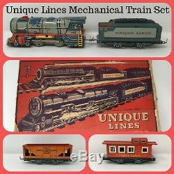 Unique Des Lignes Tinplate Lithographiée Set Mécanique Train Track & Box